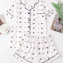 Heart Print Pajama Set Short Sleeve Buttons Top & Elastic Waistband Shorts