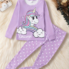 Unicorn Rainbow Pajamas Set for Girls, Long Sleeve Top & Polka Dot Pants
