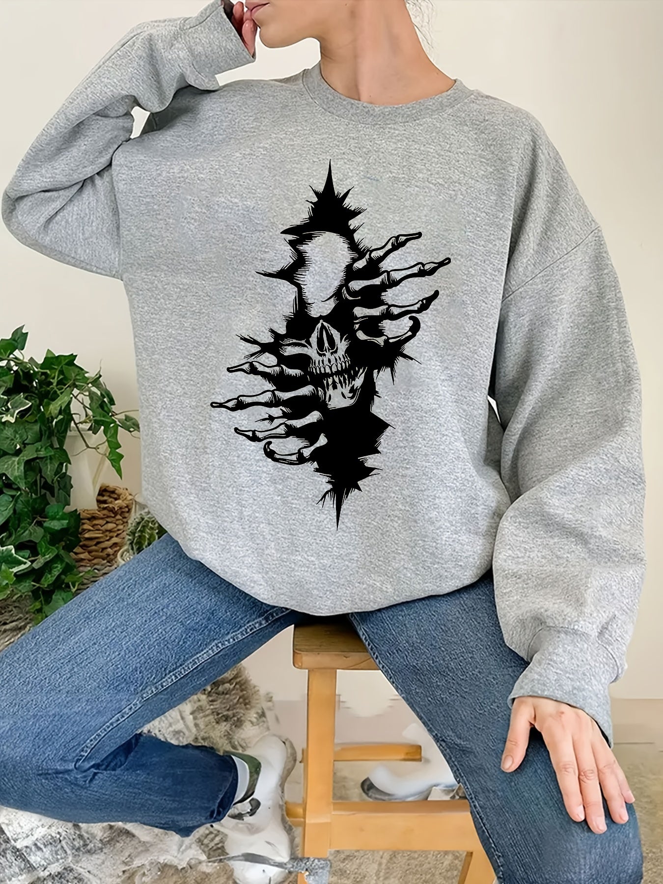 Halloween Skull Print Sweatshirt Long Sleeve Crew Neck Women's Clothing