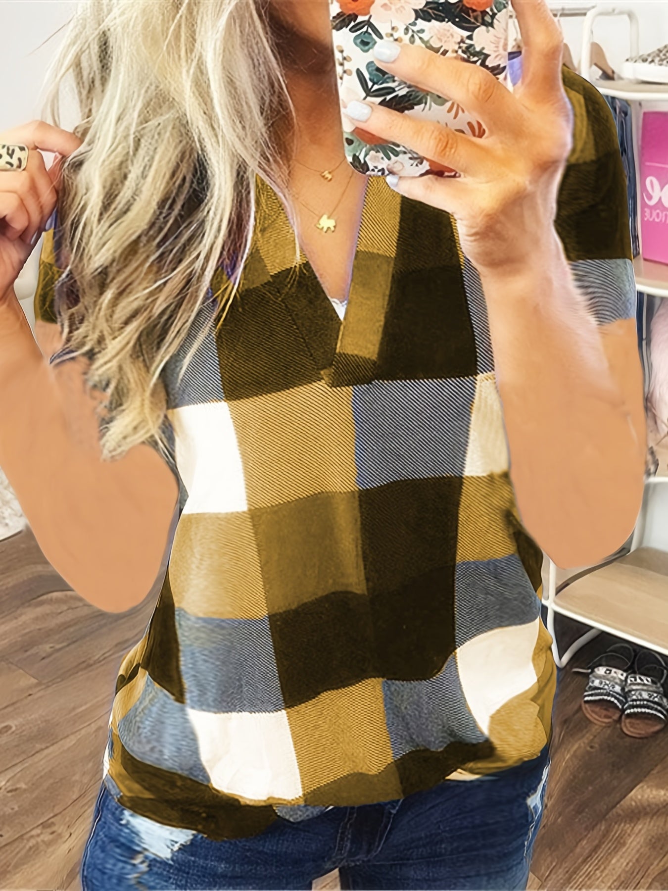 Plus Size Gingham Print V Neck Tee