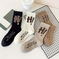 4 Pairs Letter Print Socks Comfy & Breathable Mid Tube Women's Stockings