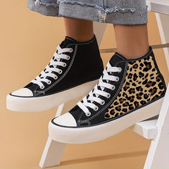 Leopard Pattern Canvas Shoes Lace Up Comfort High Top Outdoor Shoes