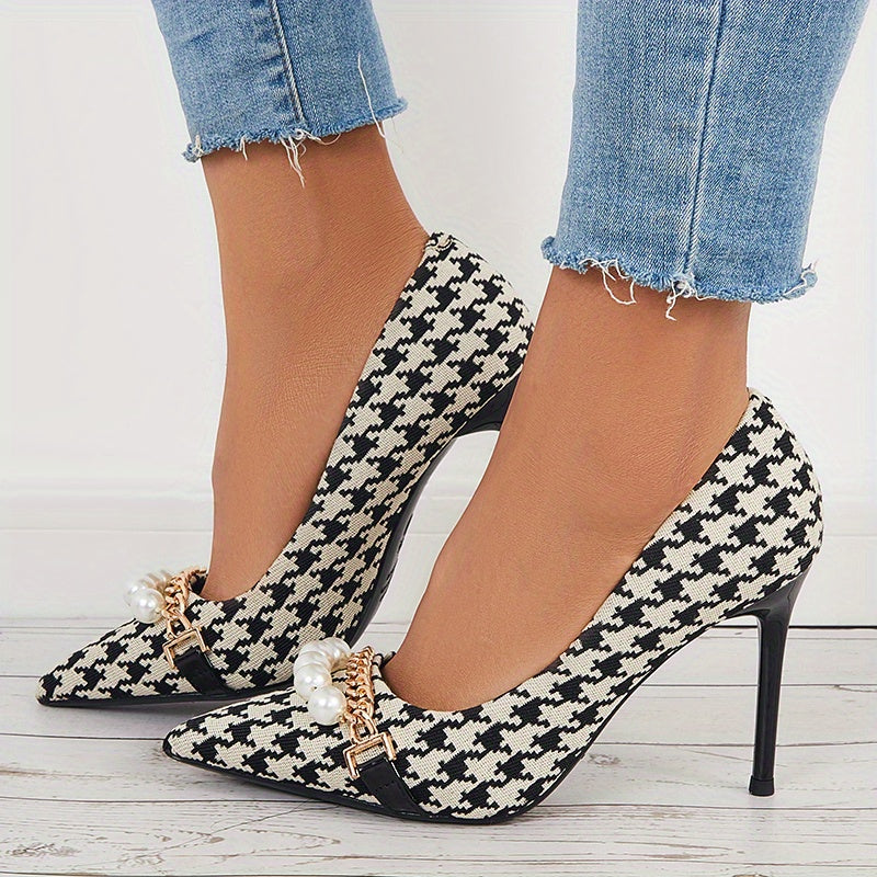 Houndstooth High Heels Faux Pearl Chain Pointed Toe Stiletto Heels