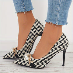 Houndstooth High Heels Faux Pearl Chain Pointed Toe Stiletto Heels