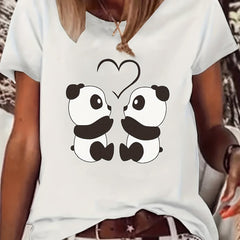 Panda & Heart Graphic T-shirt Women's Crew Neck Top
