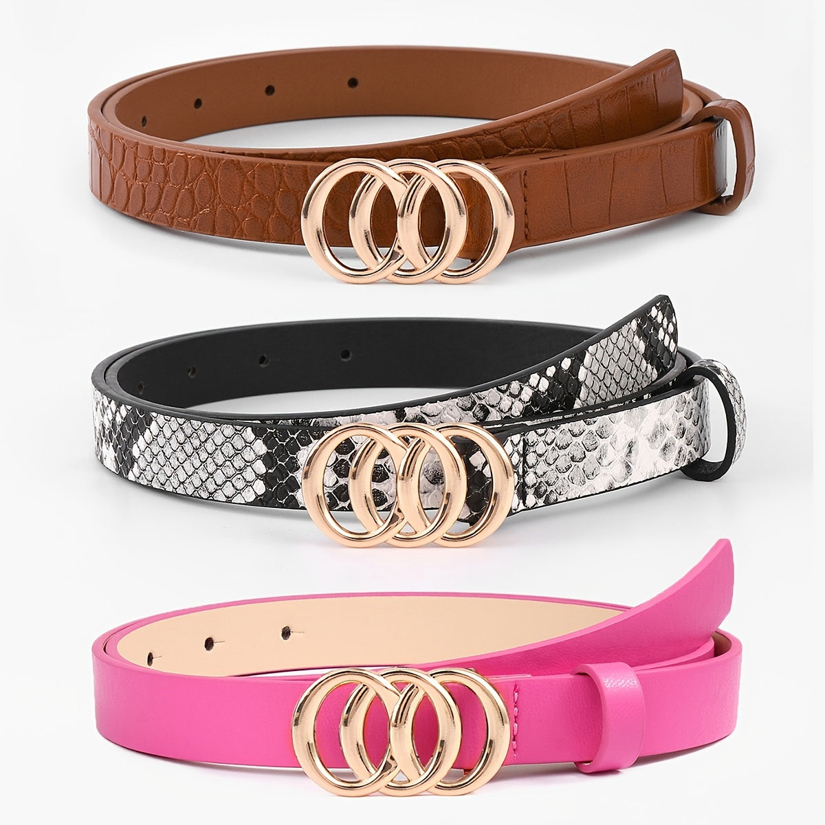 3pcs Round Buckle Classic PU Leather Belt Girls Casual Jeans Dress