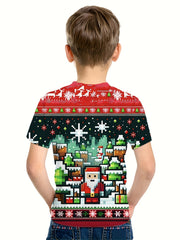 Pixel Christmas Print Boy's Tees Short Sleeve Crew Neck Comfy T-shirt