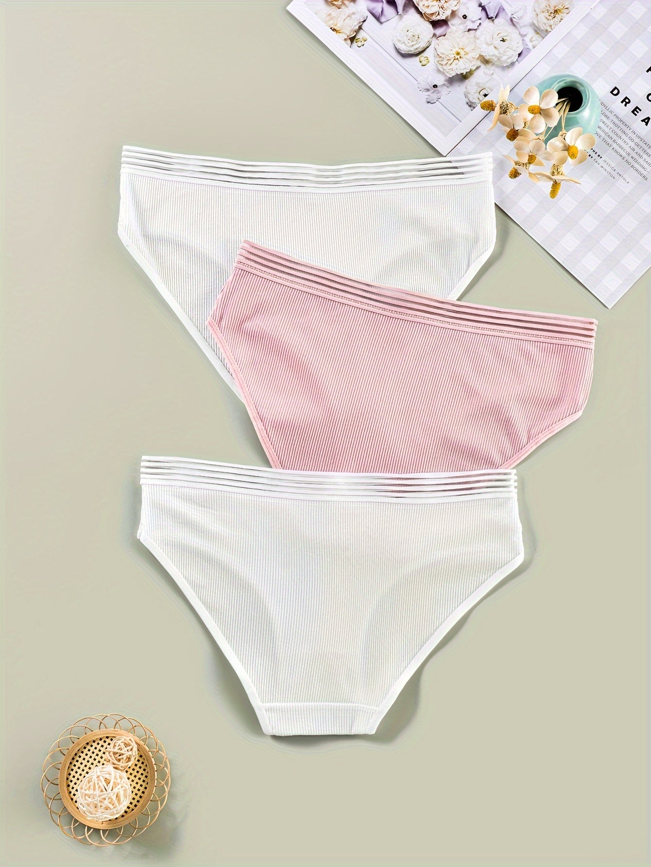 3 Pack Plus Size Panties Set Women's Plus Ribbed Knit Briefs