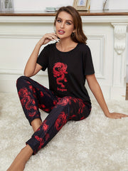 Dragon Print Pajama Set Short Sleeve Crew Neck Top & Elastic Waistband Pants