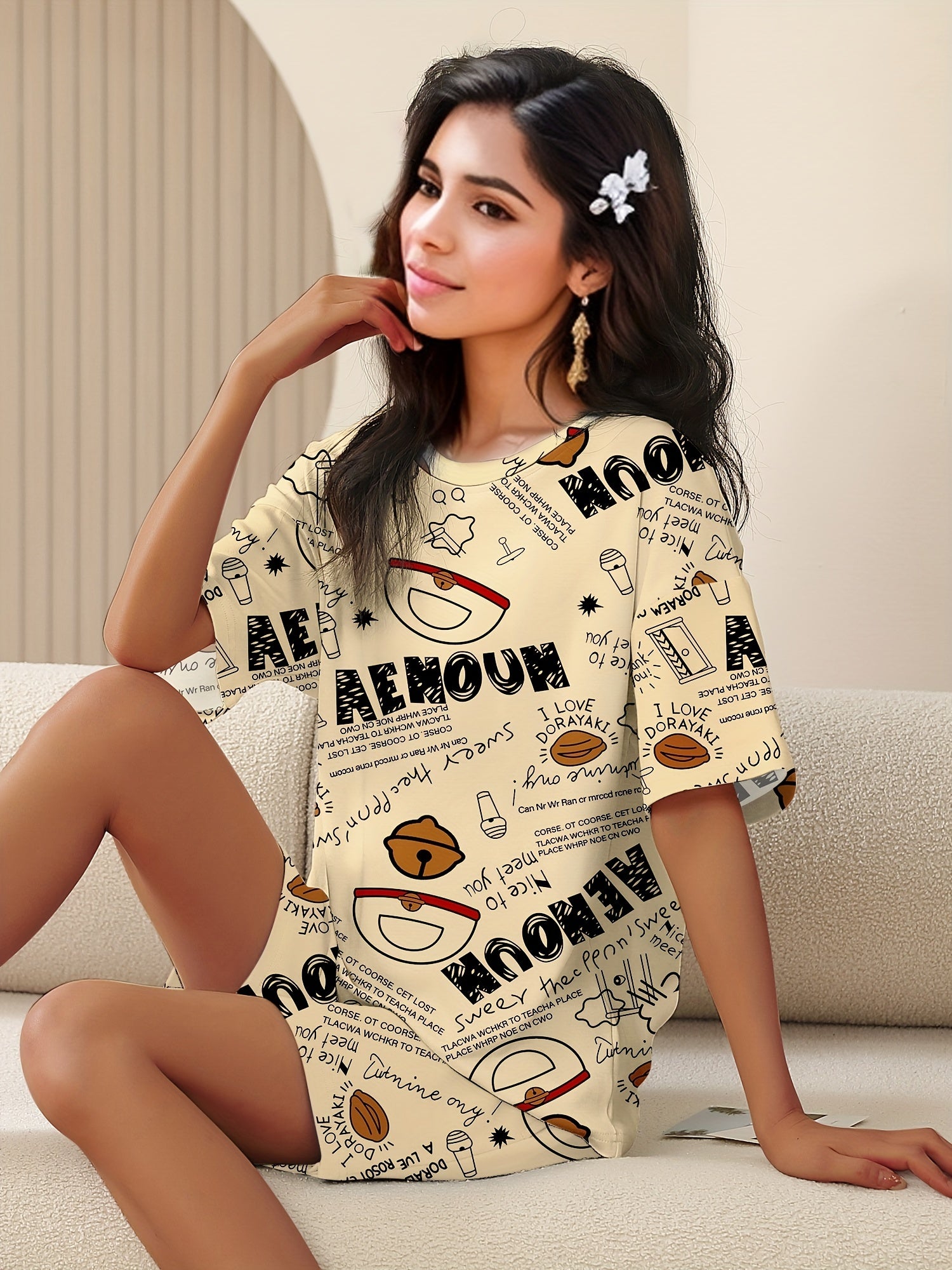 Letter Print Pajamas Set Short Sleeve Crew Neck Top & Lounge Shorts