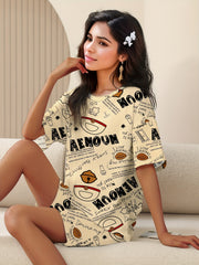Letter Print Pajamas Set Short Sleeve Crew Neck Top & Lounge Shorts