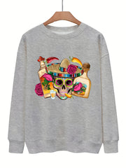 Funny Skull Print Pullover Sweatshirt Long Sleeve Casual Winter Wear