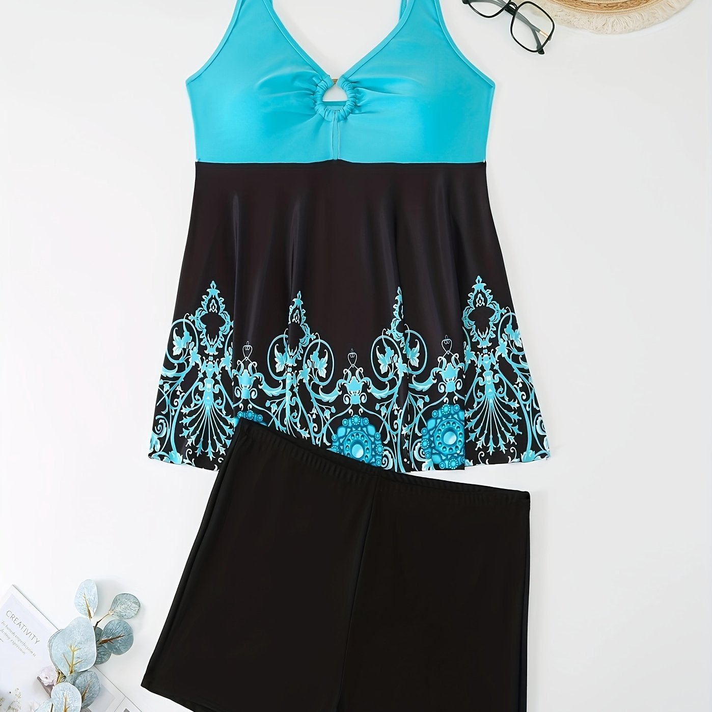 Colorblock Floral Print Tankini Set