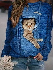 Cat Print Pullover Sweatshirt for Women