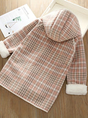 Girls' Winter Fleece Plaid Hooded Toggle Coat For Going Out