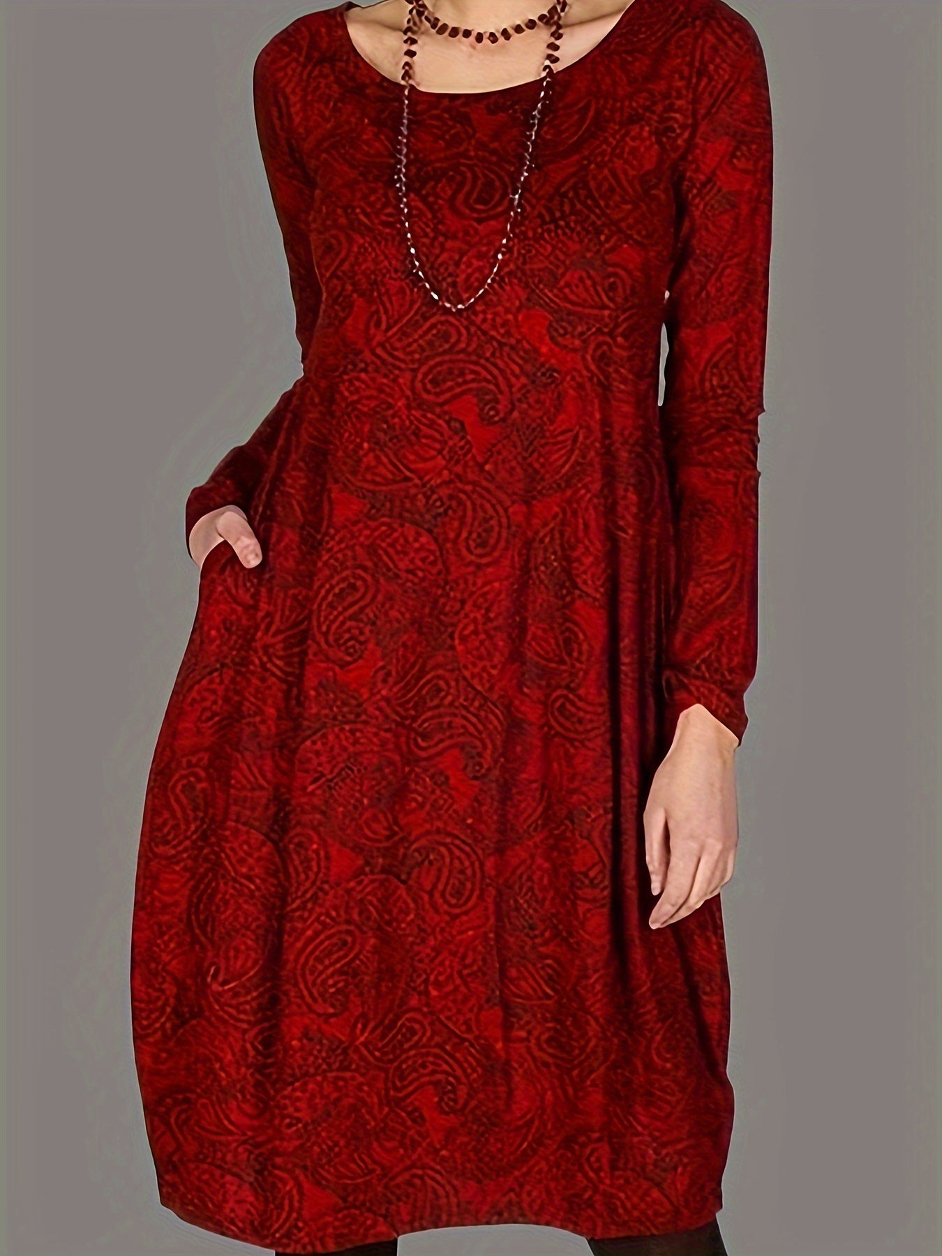Boho Dress Paisley Print Long Sleeve Round Neck With Pockets