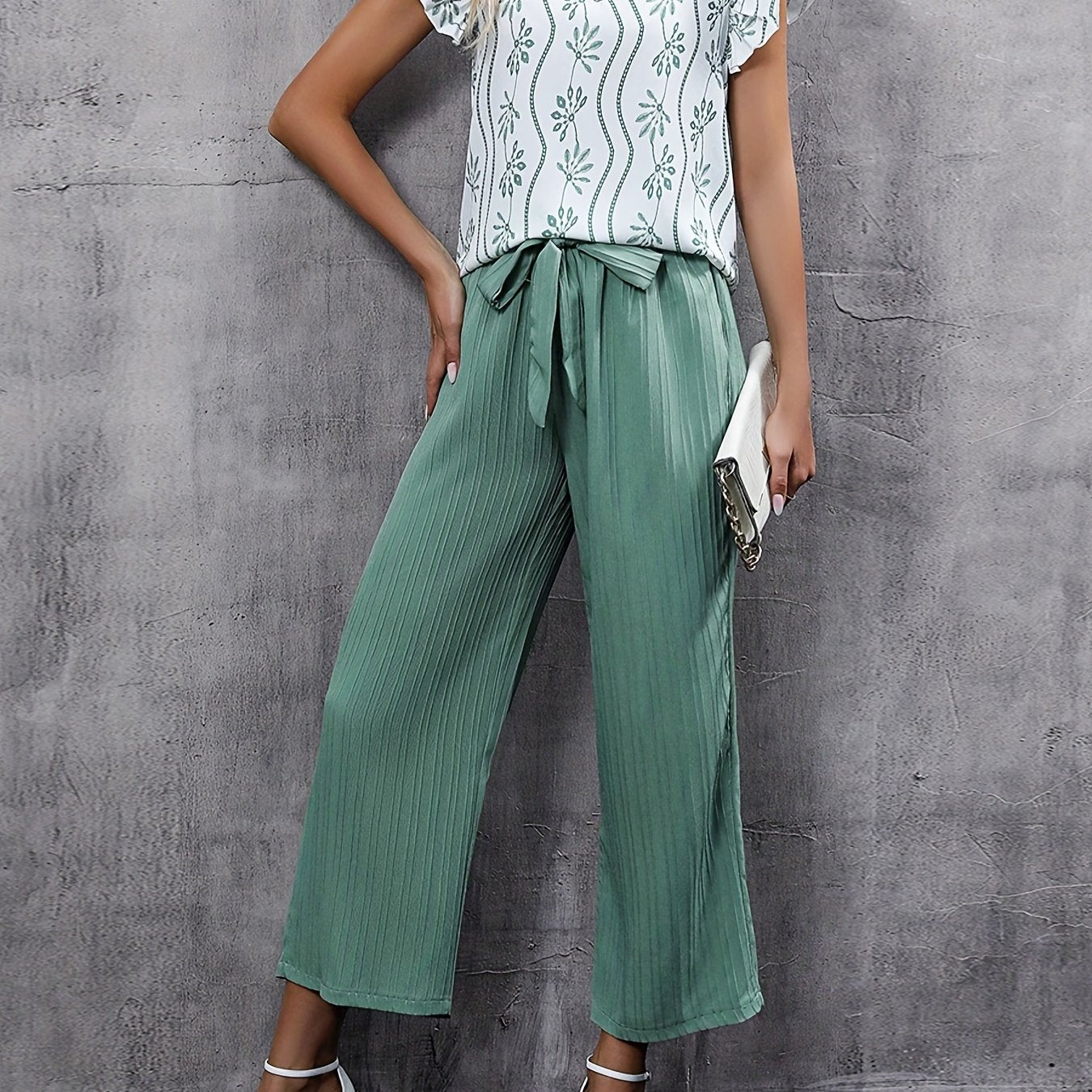 Ruffle Sleeve V Neck Blouse & Wide Leg Pants Set