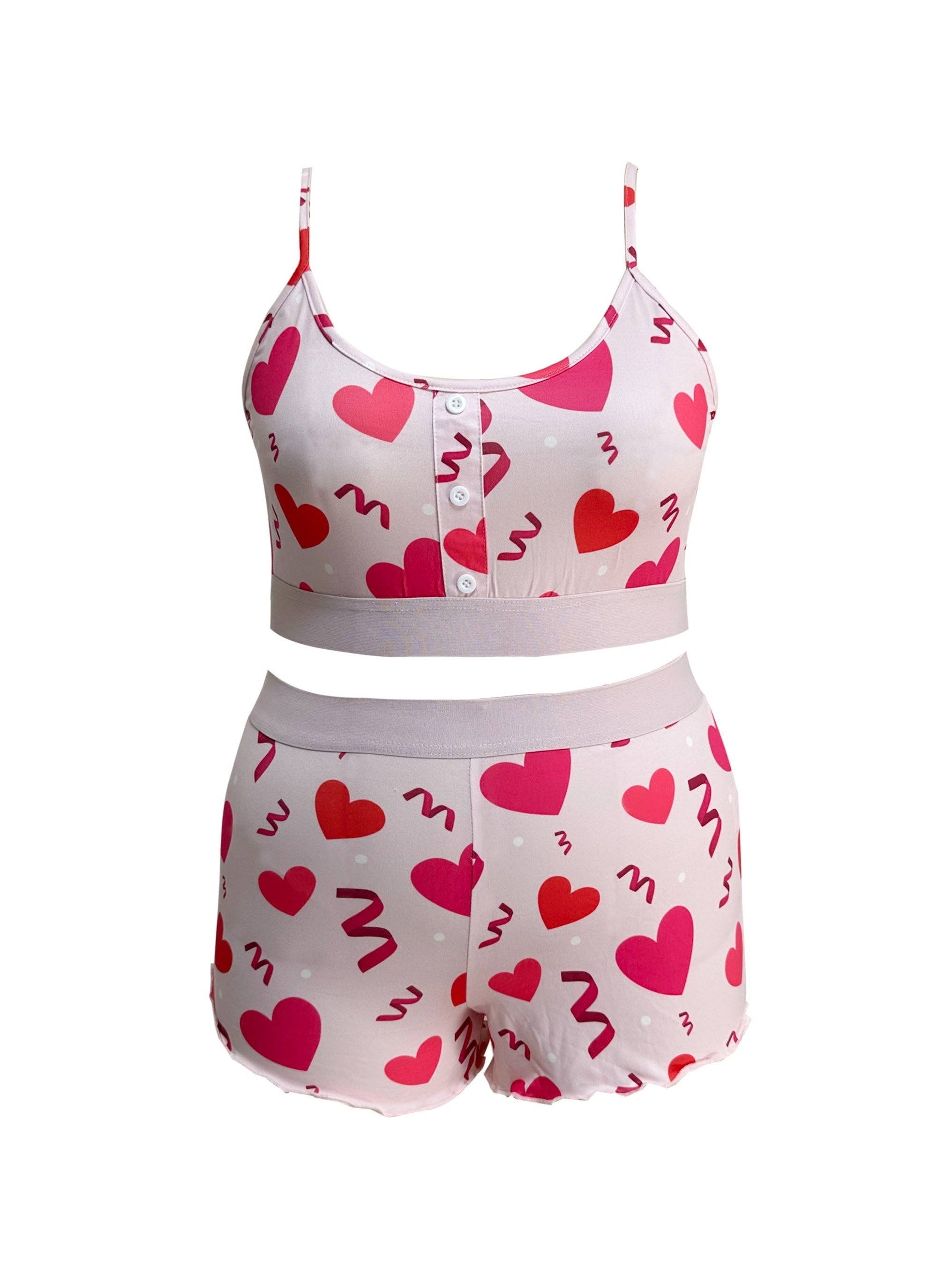 Heart Print Pajama Set Crop Cami Top & Shorts Two Piece Set