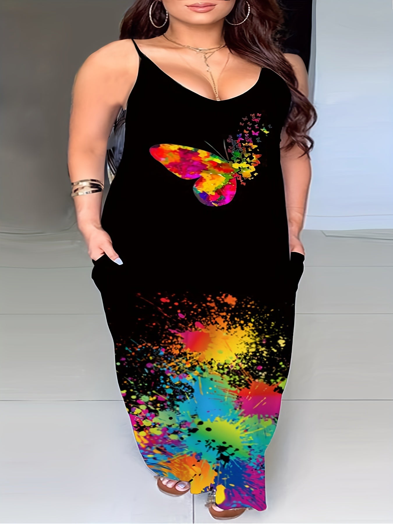Splash Print Maxi Cami Dress V Neck Stretch With Pockets