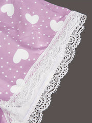 Heart Print Sleep Bottoms & Lace Trim Elastic Waistband Shorts