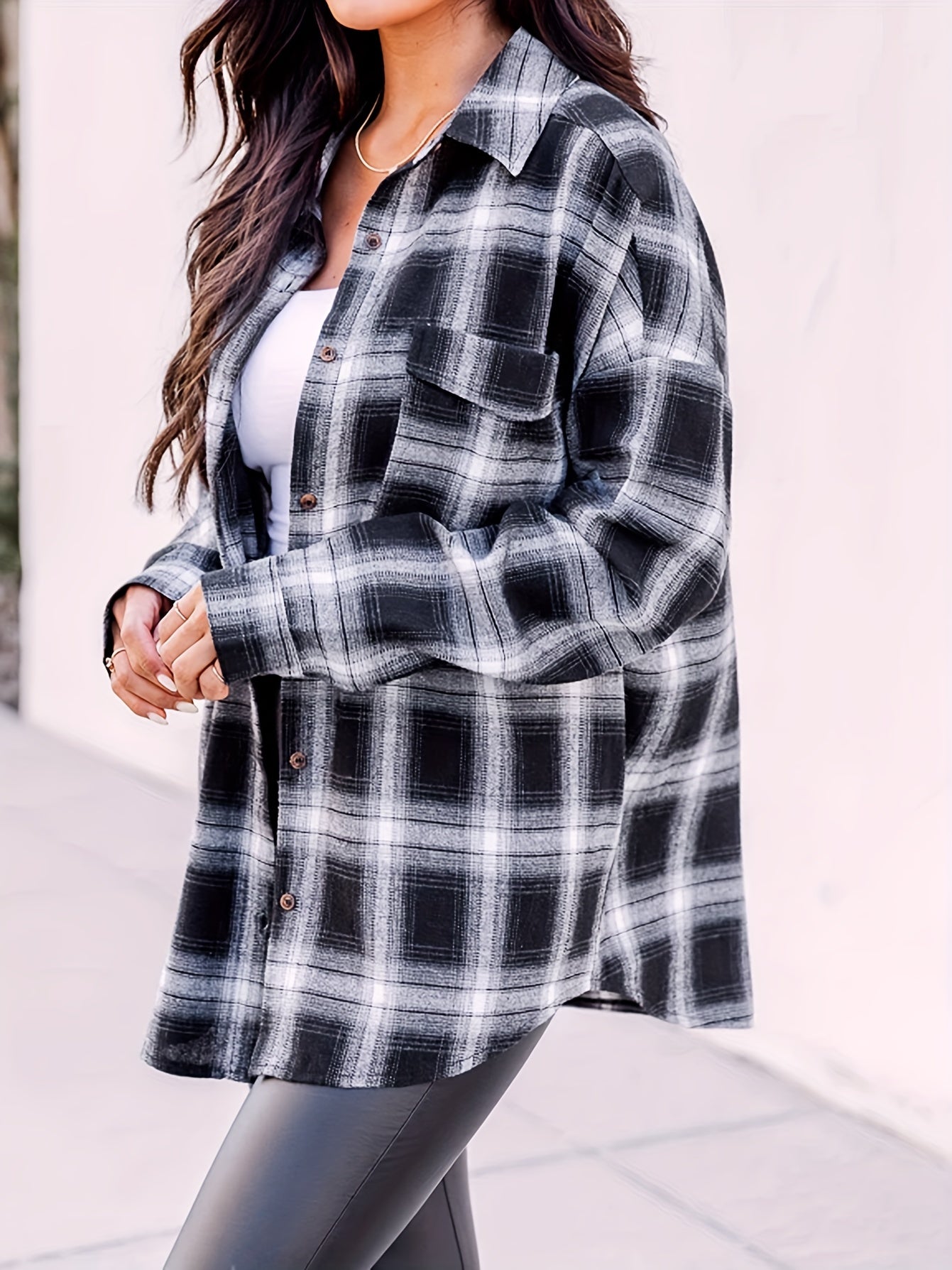 Plaid Print Long Sleeve Button Up Blouse