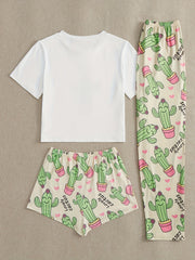 Cactus Print Pajama Set Short Sleeve T-shirt & Shorts