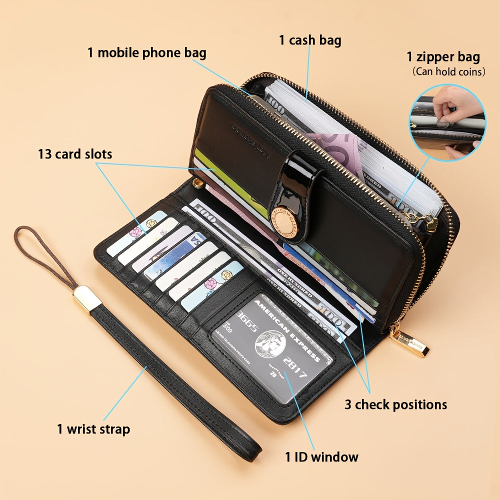 Patent Leather Long Wallet for Women with Zipper Closure