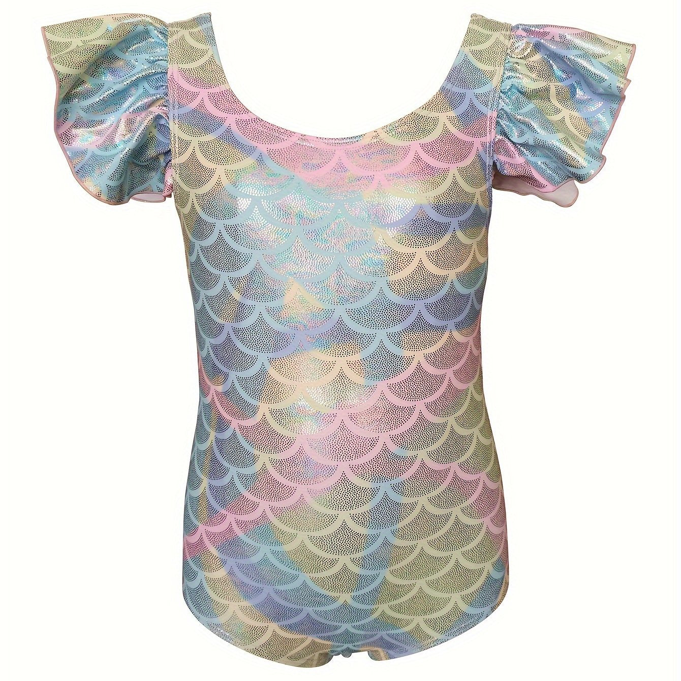 Girls Fish Scale Ruffle Trim Swimsuit for Vacation
