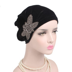 Beaded Flower Turban Cap Hat Accessories Turban Hat Velvet Pleated Hood Beanie
