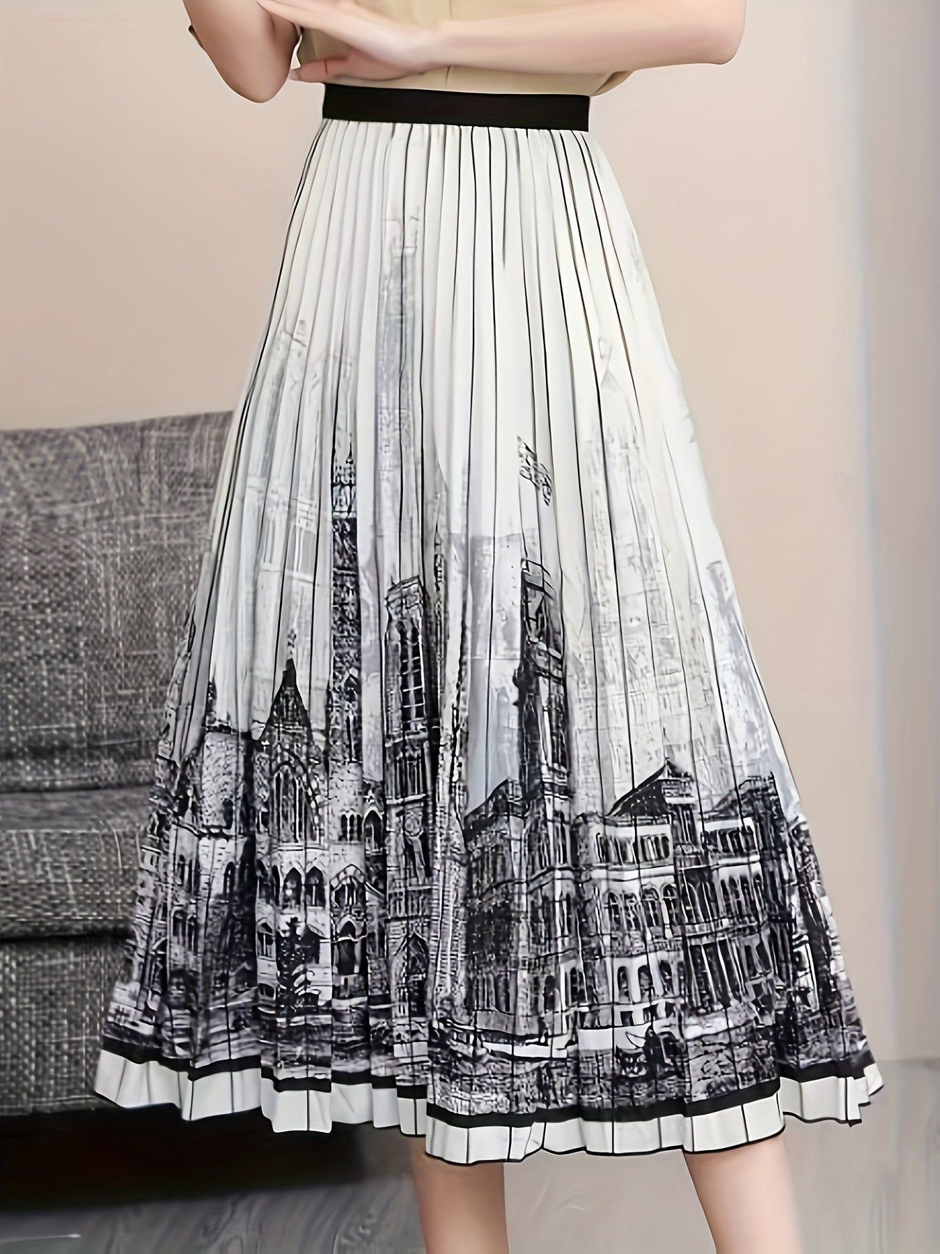 Painting Print High Rise Pleated Maxi Skirt