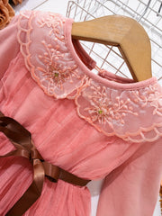 Girls Lace Mesh Long Sleeve Princess Dress With Belt
