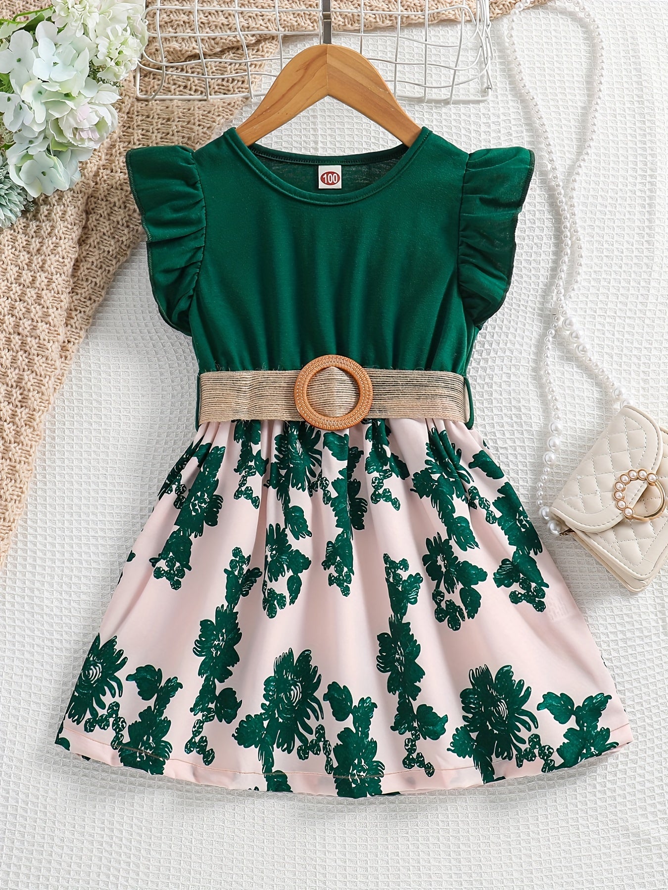 Girls Sleeveless Ruffle Crew Neck Flowers Print Splicing Princess Dress