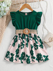 Girls Sleeveless Ruffle Crew Neck Flowers Print Splicing Princess Dress