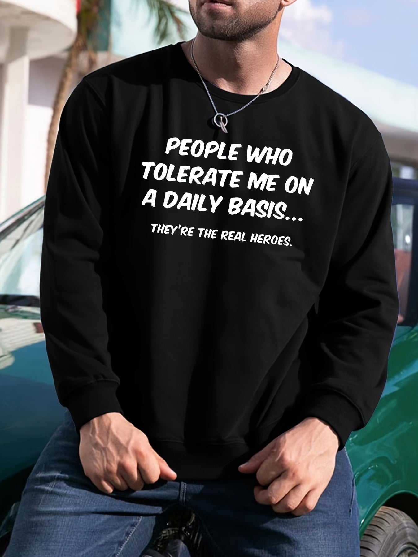 Funny Slogan Print Sweatshirt Men's Casual Graphic Crew Neck Pullover Sweatshirt