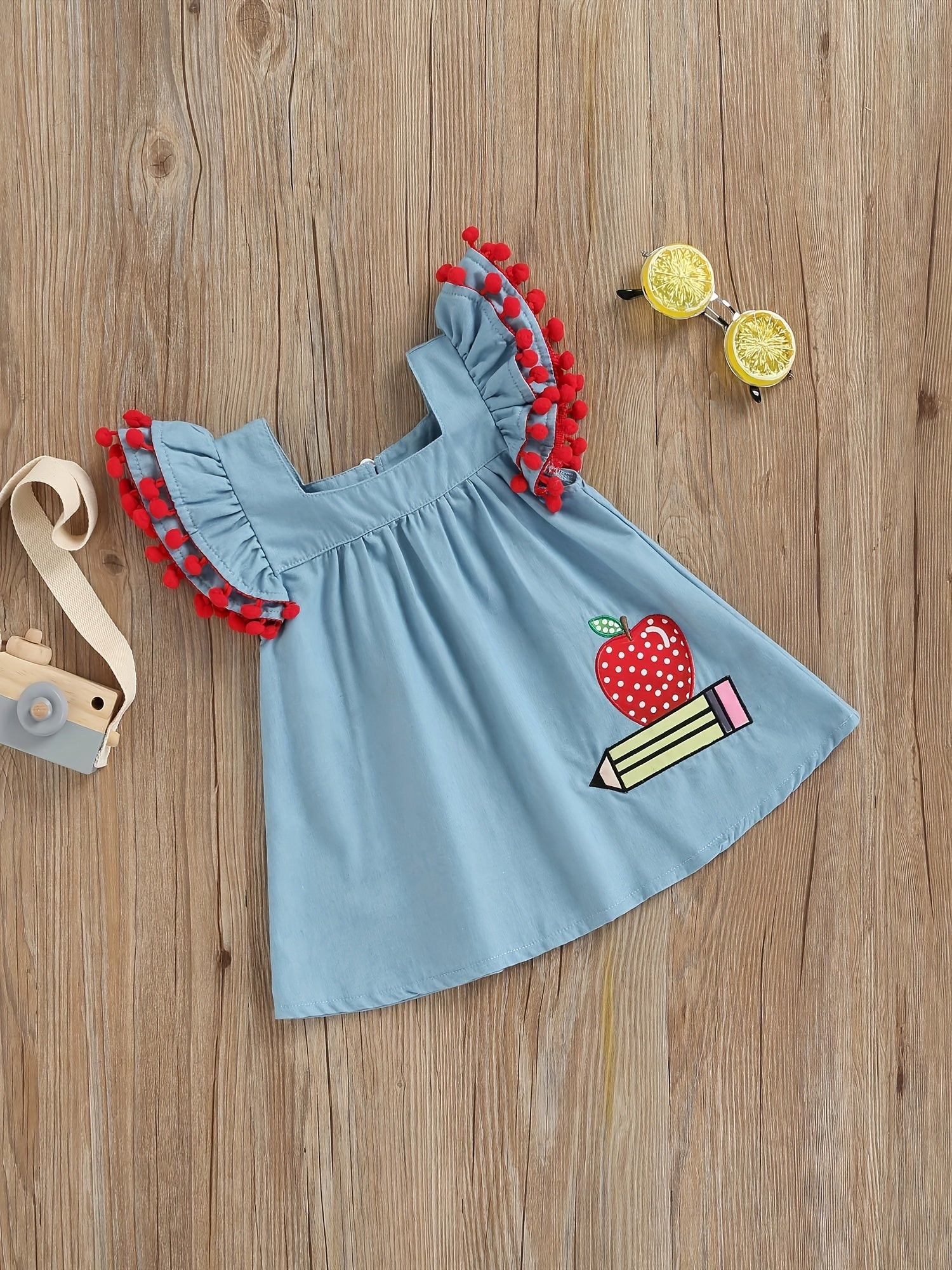 Baby Girls Cartoon Denim Dress with Pompom Trim