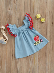 Baby Girls Cartoon Denim Dress with Pompom Trim