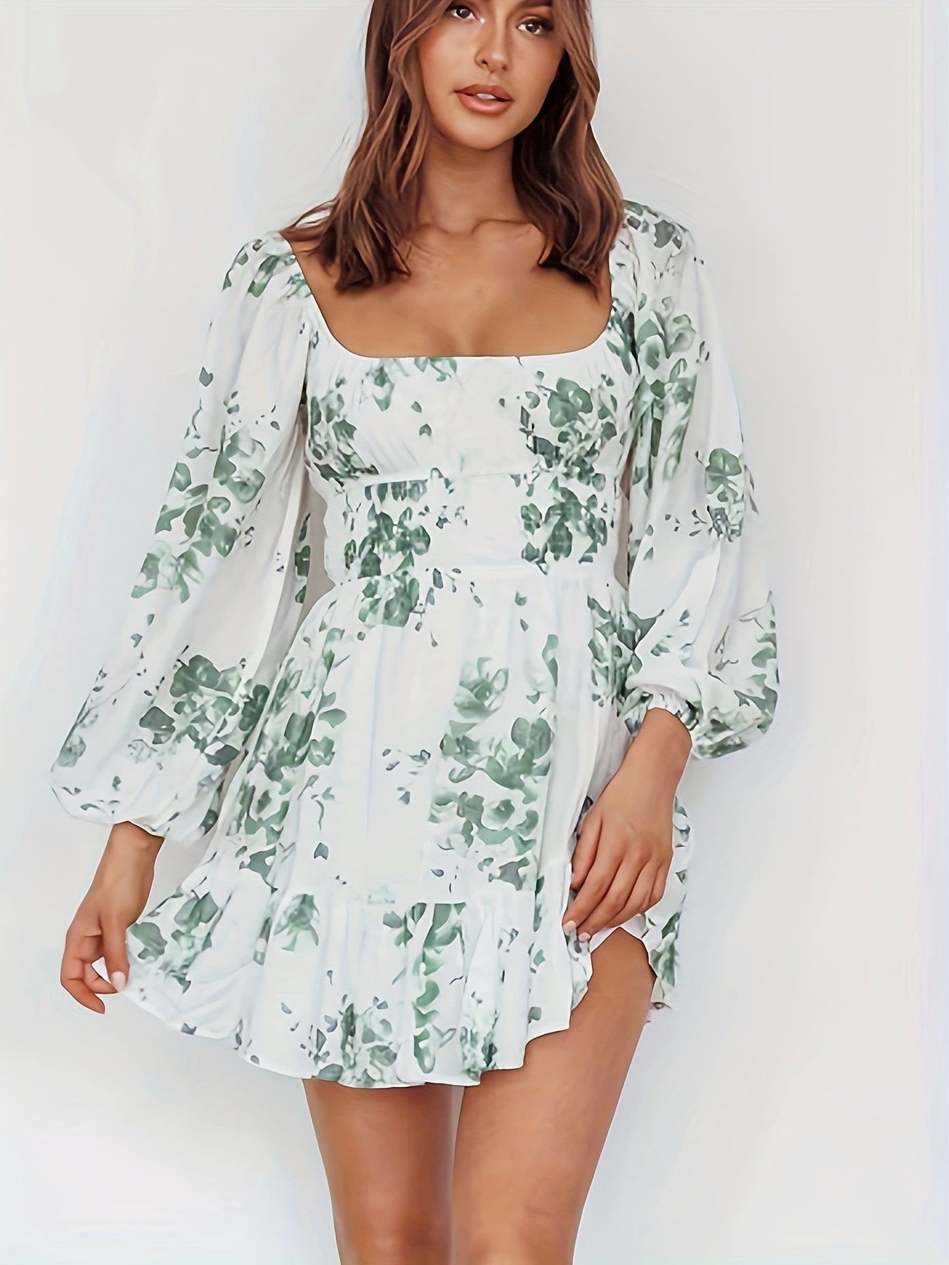 Floral Print Lantern Sleeve Waist Ruffle Trim Pleated Dress