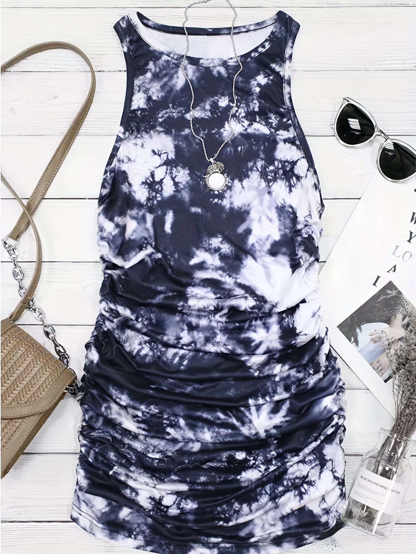 Tie Dye Ruched Dress Sleeveless Bodycon Dress