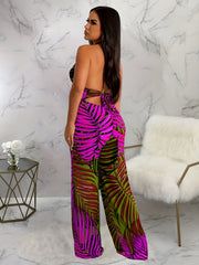 Tropical Print Halter Neck Jumpsuit Backless Wide Leg