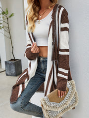 Striped Open Front Hooded Cardigan for Fall & Winter