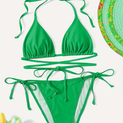 Halter V Neck Bikini Set High Cut Two Piece Swimsuit Women's Swimwear