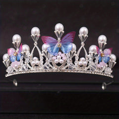 Baroque Faux Pearl Rhinestone Crown Tiara Butterfly Hairband