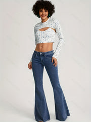 Floral Print Two piece Set Long Sleeve Crew Neck Tops & Bralette Set