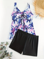 Tropical Print Boho Tankini Set Lace Up V Neck Top & Shorts Swimsuit