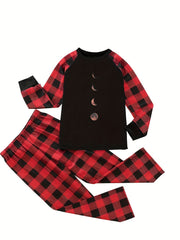 Moon & Plaid Print Raglan Sleeve Tee & Pants Lounge Set