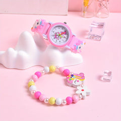 Girls' 3D Cartoon Horse Silicone Strap Watch Set with Wooden Bracelet