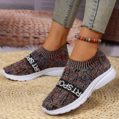 Women's Colorblock Flying Woven Slip On Sneakers Round Toe Casual Non-slip Shoes