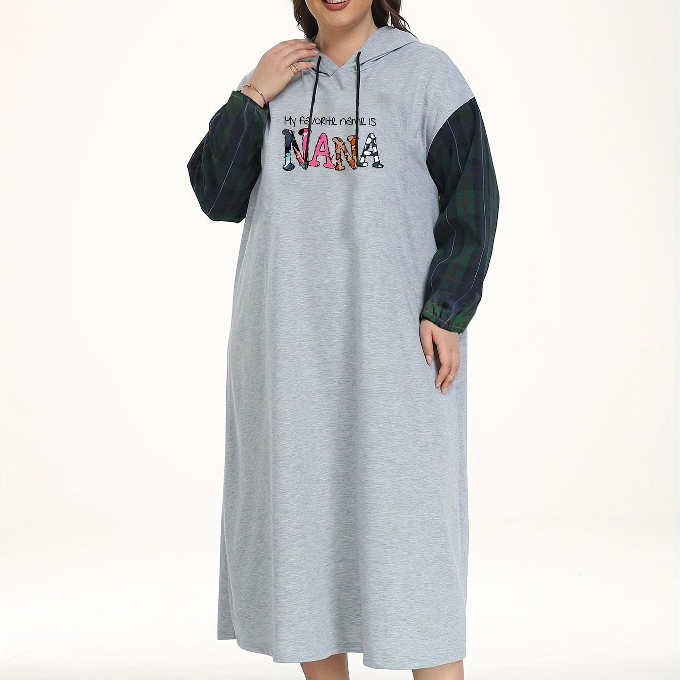 Slogan Print Plaid Raglan Sleeve Hooded Sleep Dress