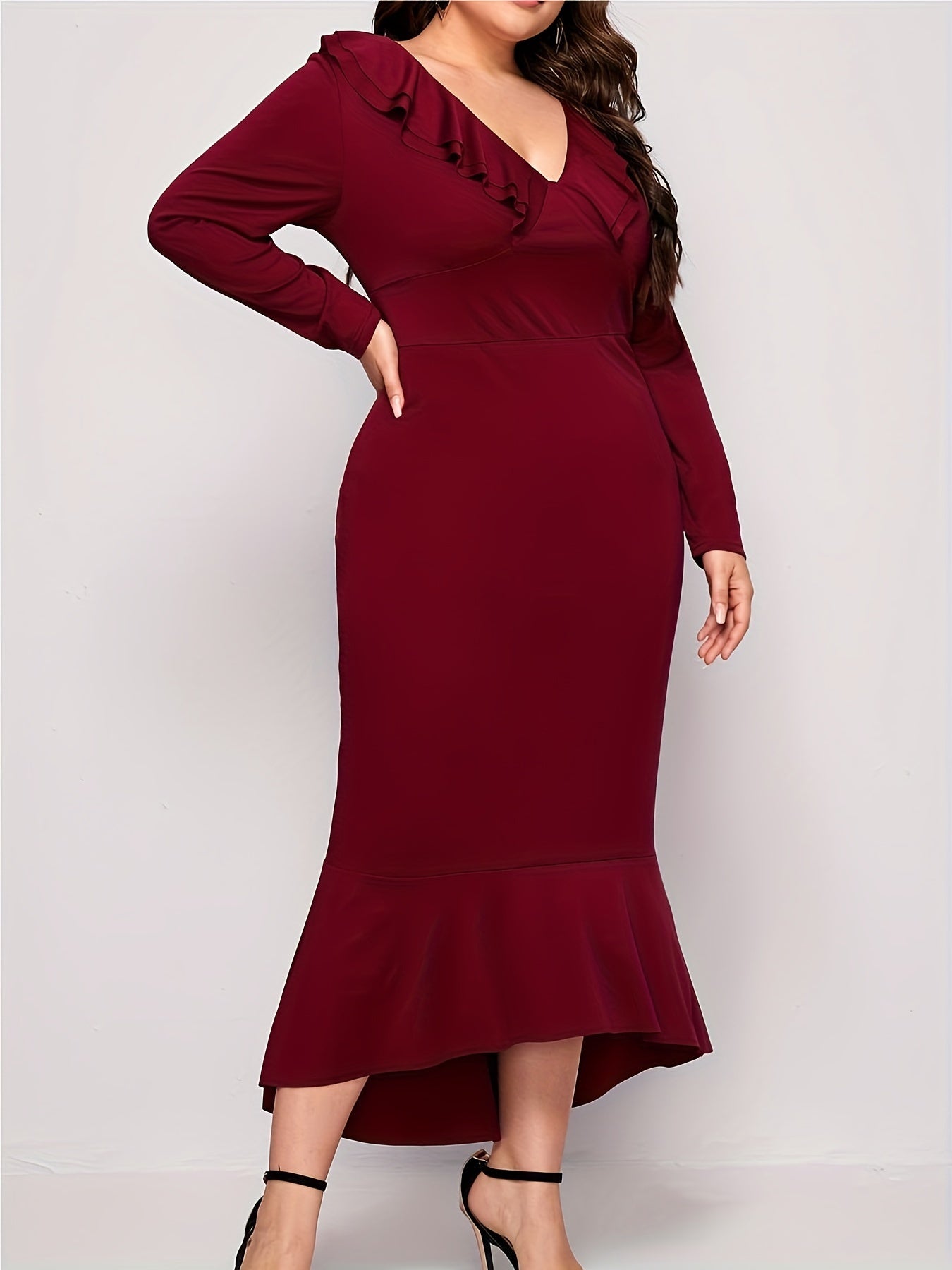 Solid Ruffle Trim V Neck Stretch Dress