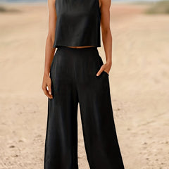Casual Crop Tank Top & Wide Leg Pants 2-Piece Set